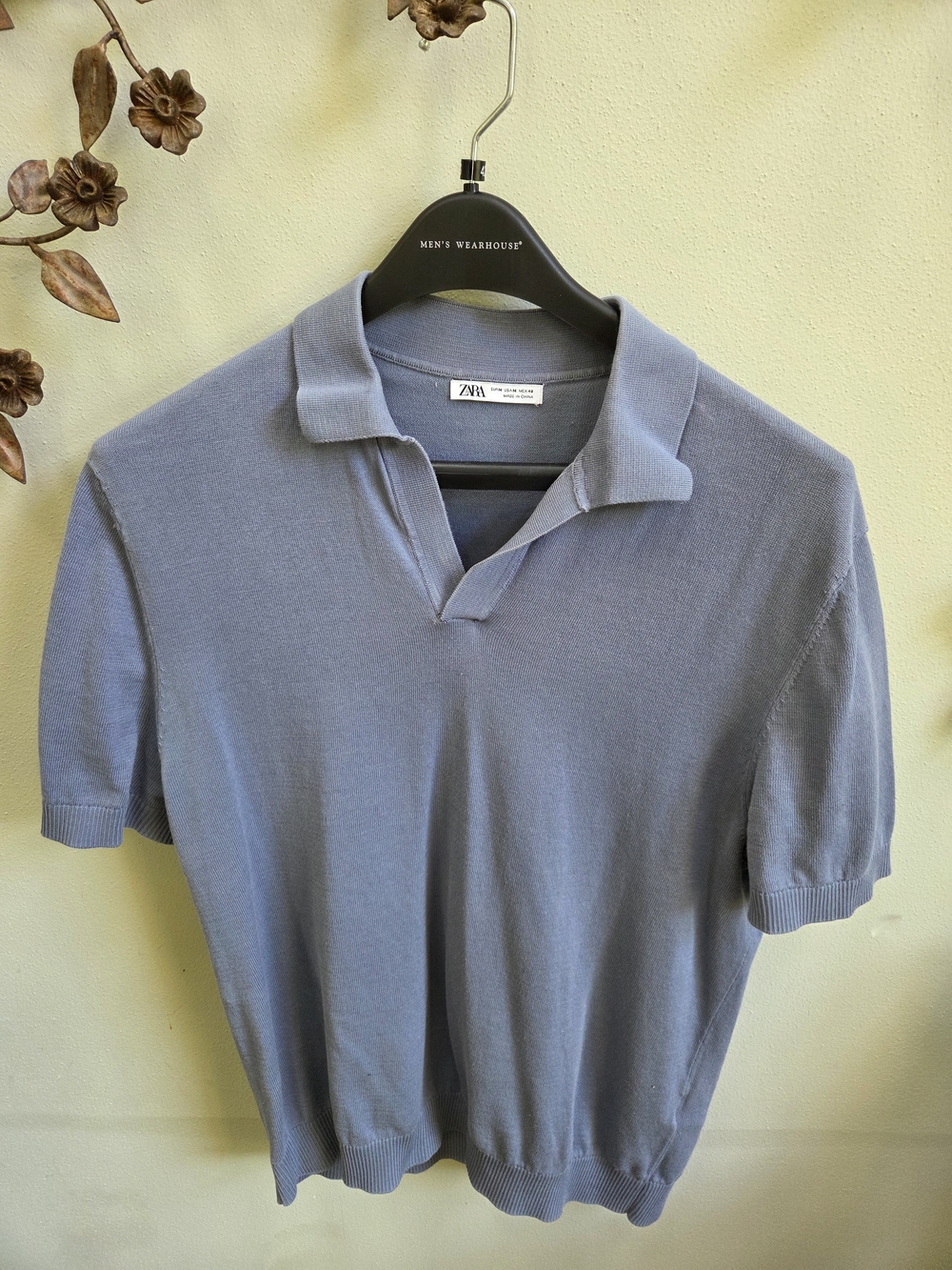 Zara Men's Short-Sleeve Knit Polo in Dusty Blue